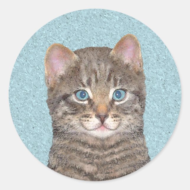 Sticker Rond Tabby Gris Peinture Chat - Cute Original Art Chat (Devant)