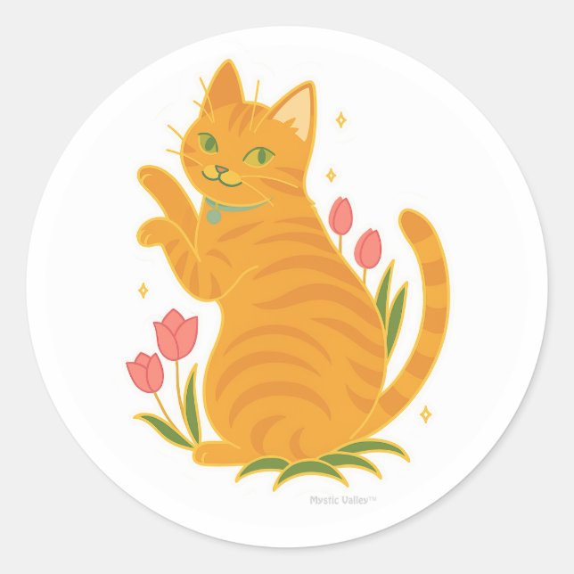 Sticker Rond Tabby orange avec tulipes (Devant)