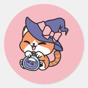 Sticker Rond Tabby Witch Brew – Joli design de chat d'Halloween