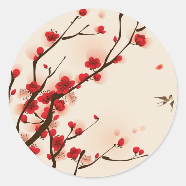Sticker Rond Tableau de style asiatique, Fleur de prune au prin (Devant)