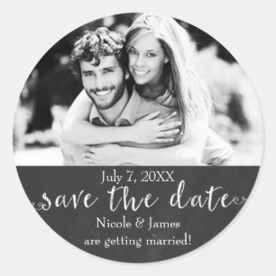 Sticker Rond Tableau noir ENREGISTRER LA DATE Photo de mariage 