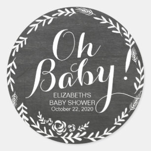 Sticker Rond Tableau noir et blanc baby shower à cadre floral