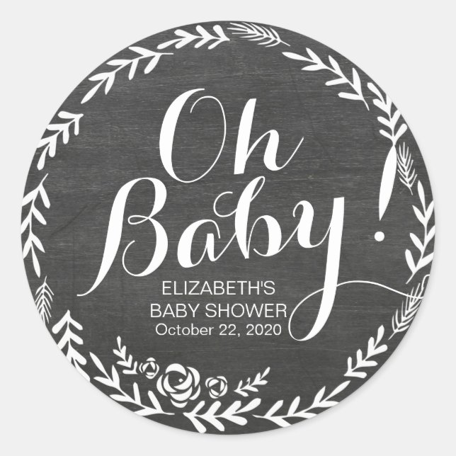 Sticker Rond Tableau noir et blanc baby shower à cadre floral (Devant)