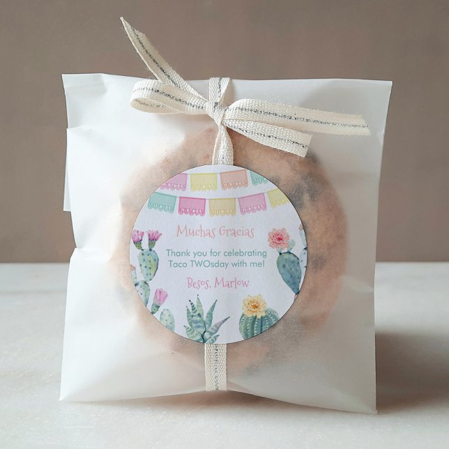 Sticker Rond Taco À Propos D'Un Merci De Fête De Baby shower Fi (Colorful Mexican theme Taco TWOsday or THREE-esta birthday party favor thank you sticker)