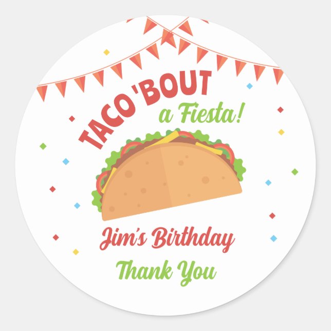 Sticker Rond Taco à propos d'une fête d'anniversaire (Devant)