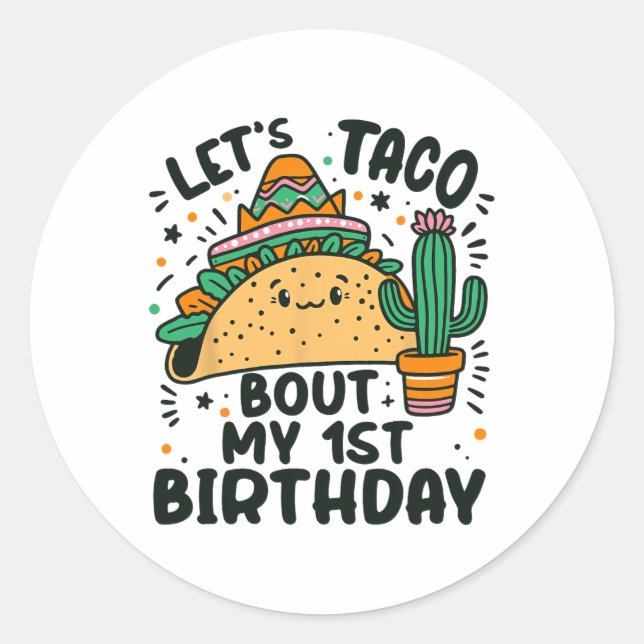 Sticker Rond Taco Bout My 1st Birthday Mexican Party Boys (Devant)