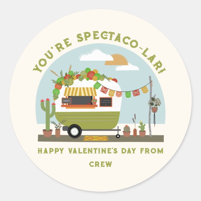 Sticker Rond Taco Truck Pun Green Camping School Valentine (Devant)