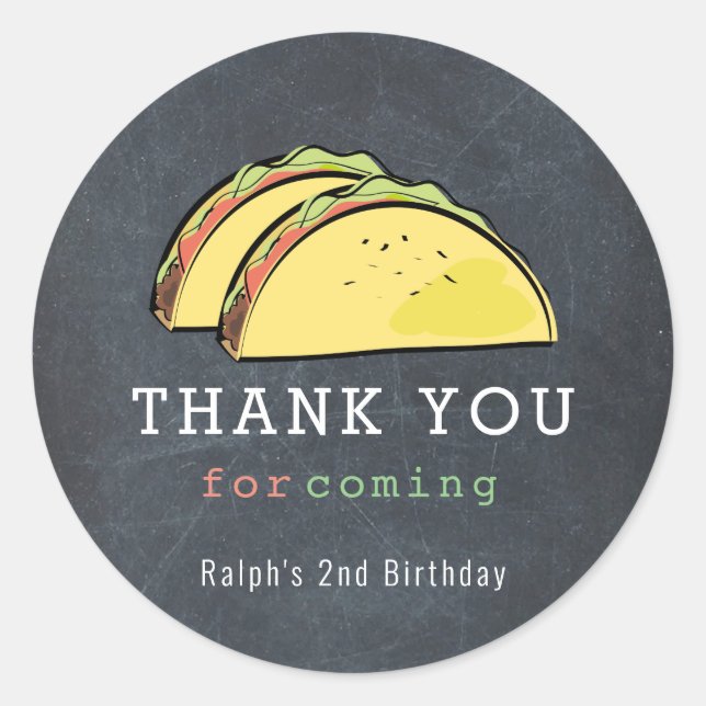 Sticker Rond Taco Twosday Chalkboard 2e anniversaire Merci (Devant)
