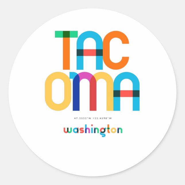 Sticker Rond Tacoma Washington Mid Century, Pop Art, (Devant)
