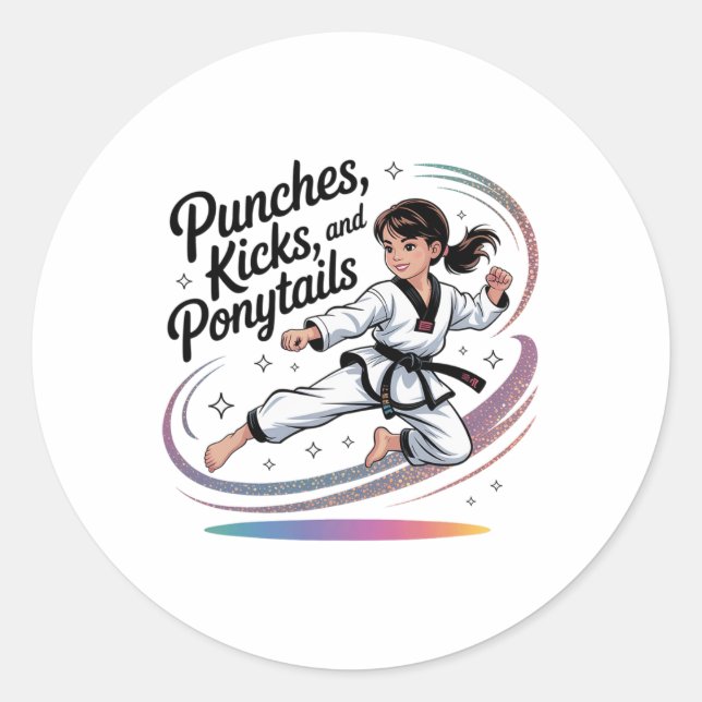 Sticker Rond Taekwondo Girl Black Belt Punches Kicks Ponytails  (Devant)