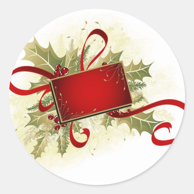 Sticker Rond Tag cadeau de Noël avec Holly (Devant)