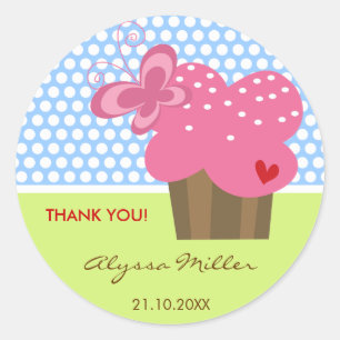 Sticker Rond Tag cadeau Merci Fuchsia Cupcake
