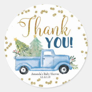 Sticker Rond Tag de Merci de Baby shower de camion bleu hiver