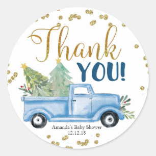 Sticker Rond Tag de Merci de Baby shower de camion bleu hiver