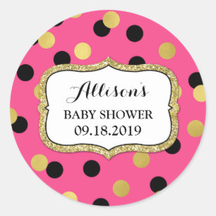Sticker Rond Tag Favori Baby shower Fuchsia Black Gold Confetti