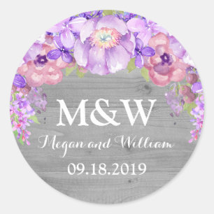 Sticker Rond Tag Mariage de monogramme floral Lilac en bois gri