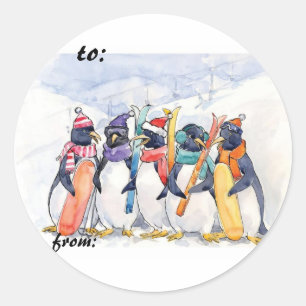 Sticker Rond Tags cadeaux de pingouins de ski