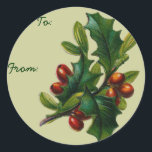 Sticker Rond Tags cadeaux vintage Holly Christmas<br><div class="desc">Tags cadeau de Noël vintage Holly. stickers vintages pour vos cadeaux de vacances. Grandes et petites étiquettes cadeaux ! Ancien autocollants de mode. Les étiquettes de nom de Noël victorien !</div>