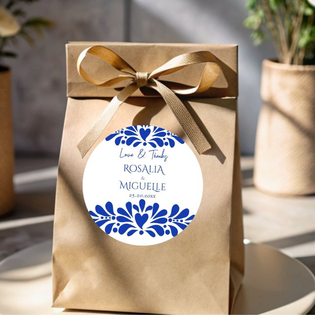 Sticker Rond Talavera azulejo bleu vintage mexicain mariage (Talavera azulejo blue vintage Mexican wedding personalized favor Sticker thank you stickers)