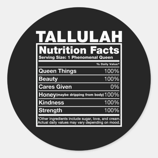Sticker Rond Tallulah Nutrition Facts Tallulah Nom (Devant)