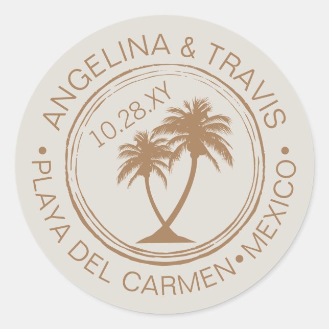 Sticker Rond Tampon de mariage de plage avec palmier (Devant)