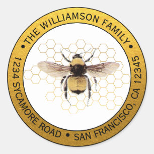 Sticker Rond Tampon Rond Retour Adresse Rustique BumbleBee Or