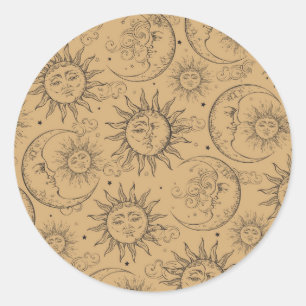 Sticker Rond Tan Beige Vintage Céleste Sun Moon Stars Party