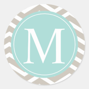 Sticker Rond Tan Chevron Turquoise Monogramme