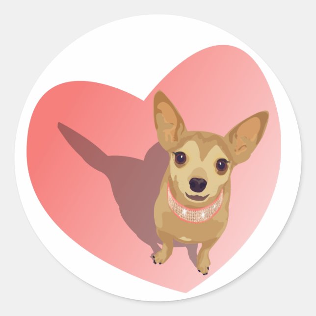 Sticker Rond Tan Chihuahua in diamond pink collar en heart (Devant)
