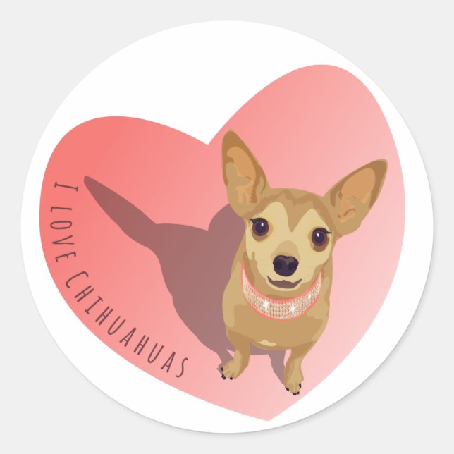 Sticker Rond Tan Chihuahua in diamond pink collar en heart (Devant)