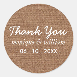 Sticker Rond Tan Faux Burlap Moderne Mariage de Merci curieux