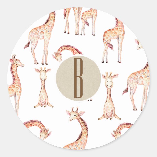 Sticker Rond Tan Giraffes Baby shower Monogramme Fête Favoriser (Devant)