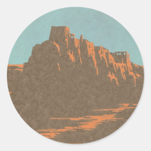 Sticker Rond Taos Pueblos vintage du Nouveau-Mexique, Art d'aff