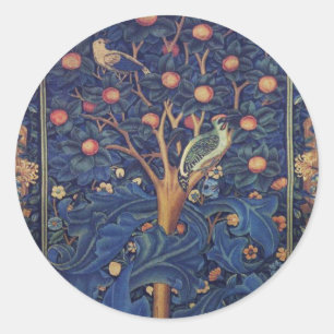 Sticker Rond Tapisserie Pic-vert de William Morris modèle bleu