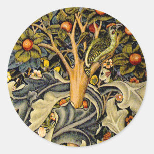 Sticker Rond Tapisserie Pic-vert de William Morris modèle bleu