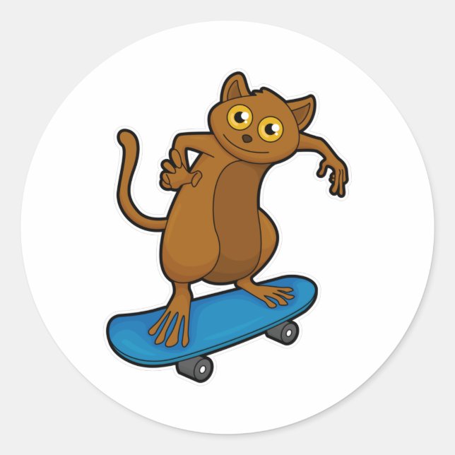 Sticker Rond Tarsier comme Patineur avec Skateboard (Devant)