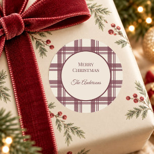 Sticker Rond Tartan à carreaux crème Bourgogne Noël