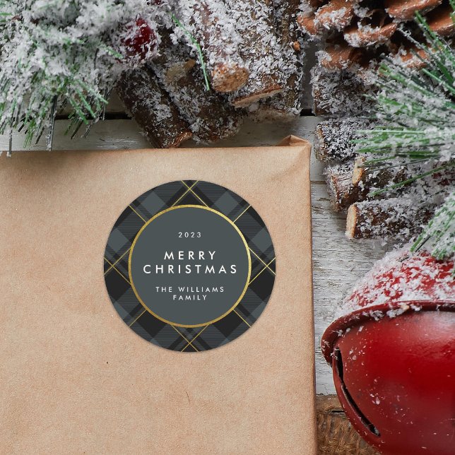 Sticker Rond Tartan à carreaux dorés et vert foncé Joyeux Noël (Créateur téléchargé)
