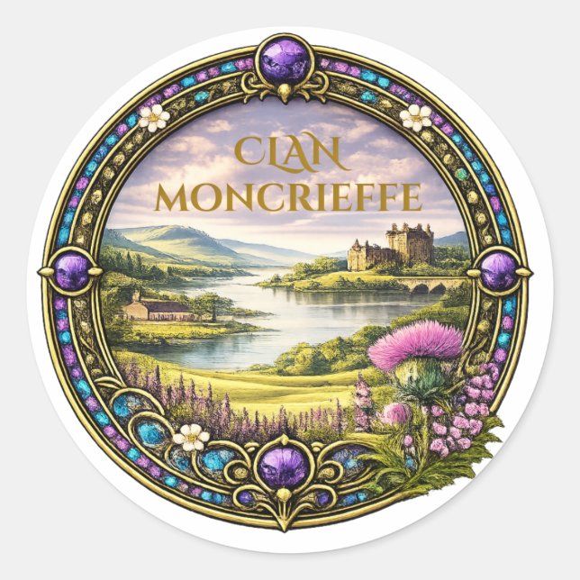 Sticker Rond Tartan et blason du clan écossais Moncrieffe (Devant)