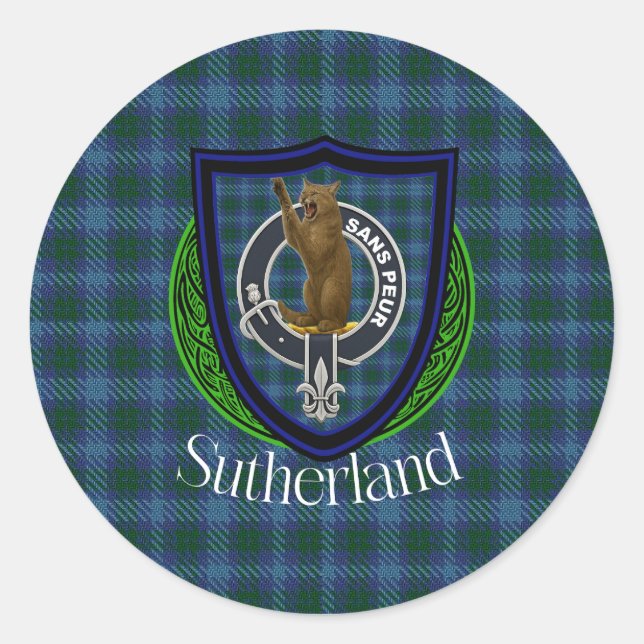 Sticker Rond Tartan et blason du clan écossais Sutherland (Devant)
