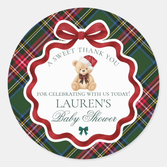 Sticker Rond Tartan Plaid Christmas Bear Baby Shower Favor (Devant)