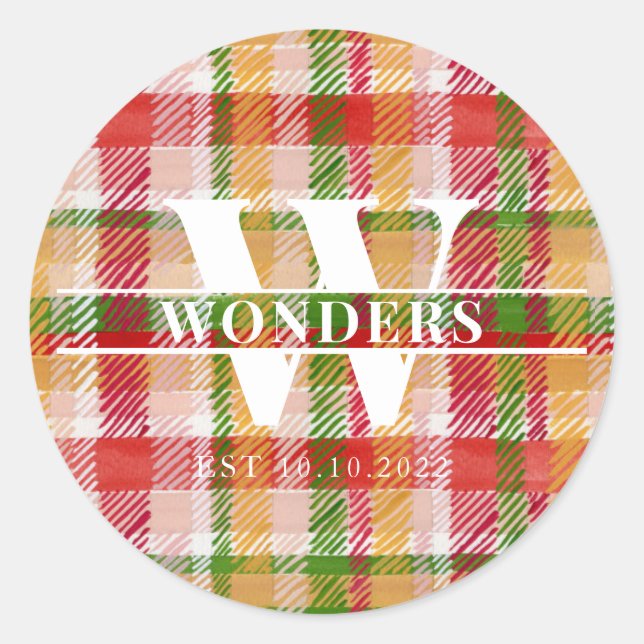 Sticker Rond Tartan Plaid Custom Monogrammed Event Theme (Devant)