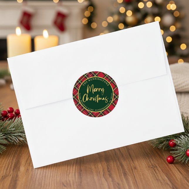 Sticker Rond Tartan Plaid Gold Script Christmas Adresse de reto (Tartan Plaid Gold Script Christmas Return Address Round Stickers)
