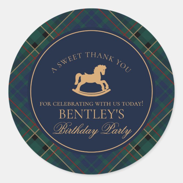 Sticker Rond Tartan Plaid Rocking Horse Birthday Party Favor (Devant)