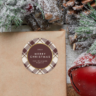 Sticker Rond Tartan rouge beige et foncé Joyeux Noël