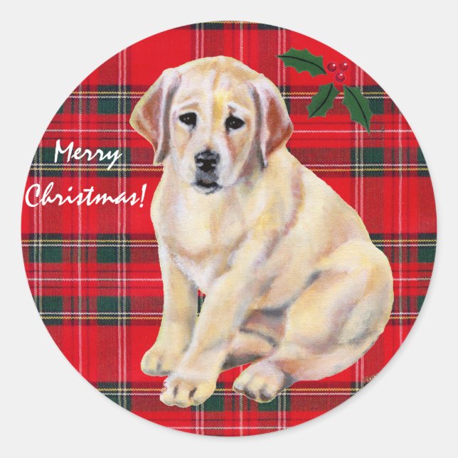 Sticker Rond Tarte à chiot du Labrador jaune de Noël (Devant)