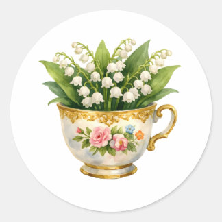 Sticker Rond Tasse à thé vintage avec fleurs de muguet 