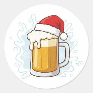 Sticker Rond Tasse de bière de Noël avec chapeau de Père Noël V