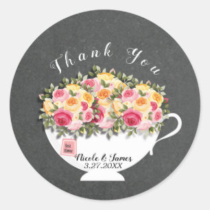 Sticker Rond Tasse de roses Faveur de thé de mariage