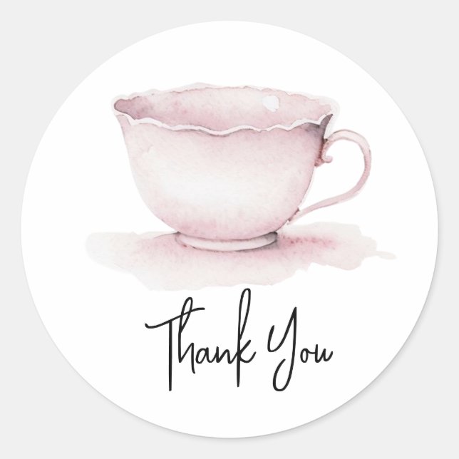 Sticker Rond Tasse de thé rose vintage aquarelle Merci  (Devant)